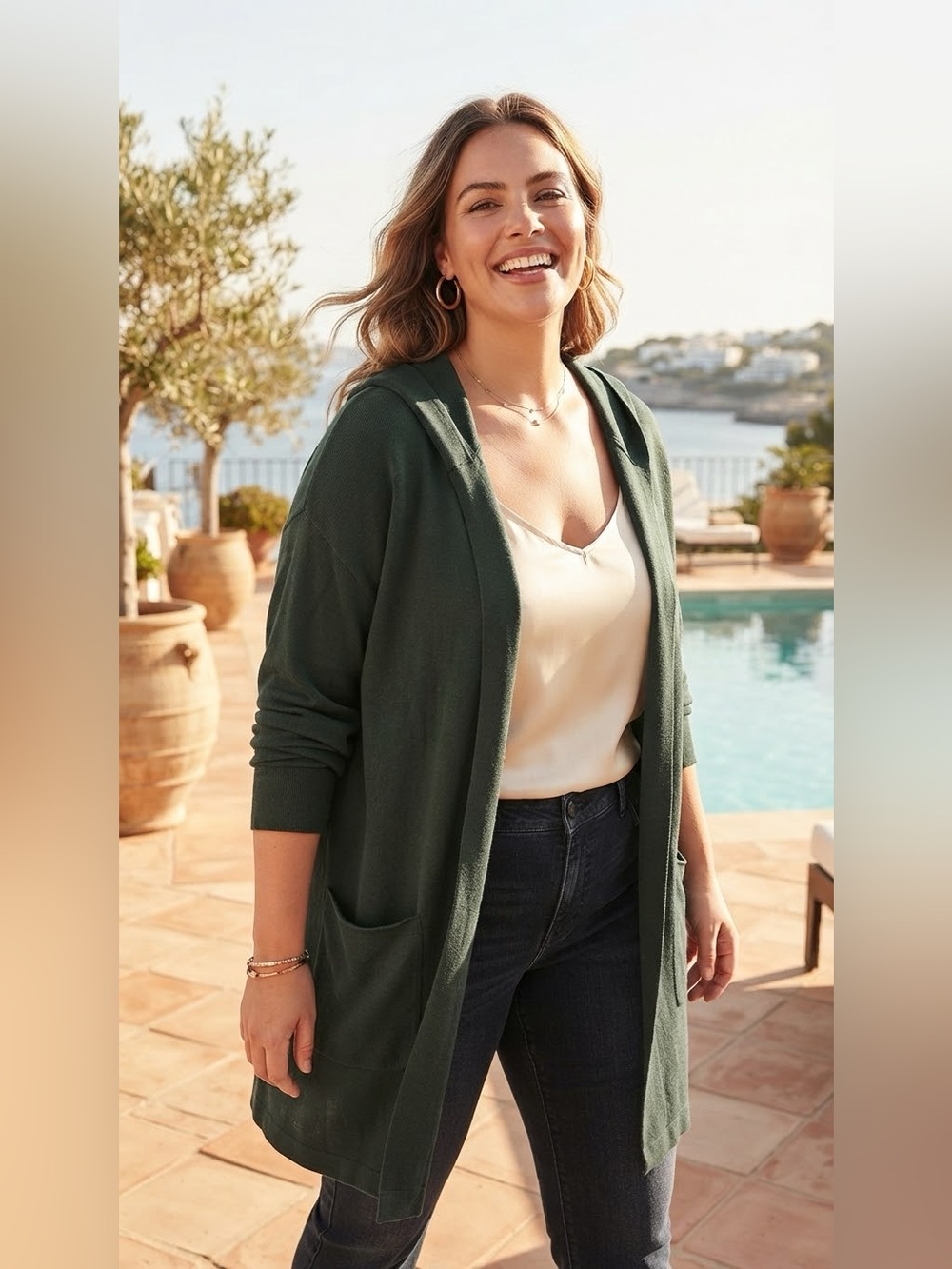 SIZE 3X Belle® by Kim Gravel Women's Green Open Front Cardigan Hooded Pocket